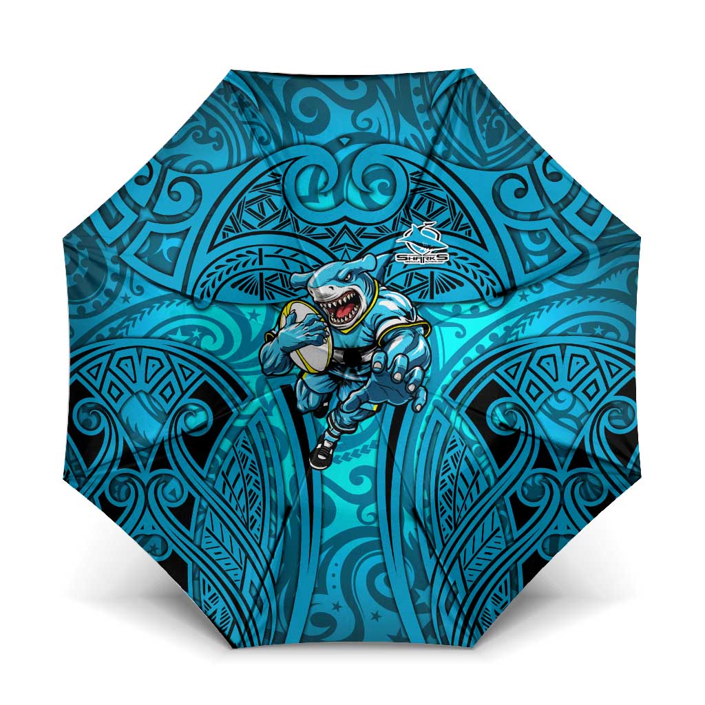 Cronulla Sutherland Sharks Rugby Umbrella Polynesian Tribal Shark Warrior Ocean Blue Pattern