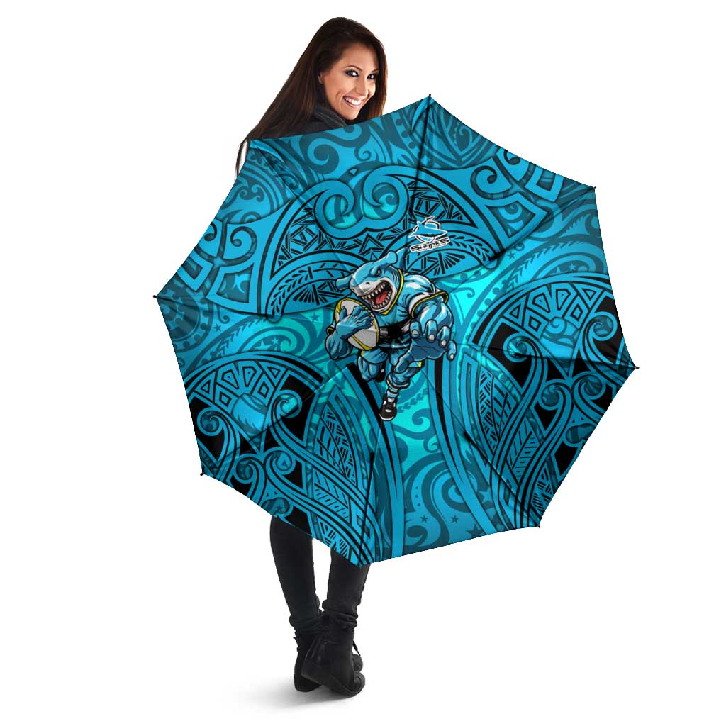 Cronulla Sutherland Sharks Rugby Umbrella Polynesian Tribal Shark Warrior Ocean Blue Pattern