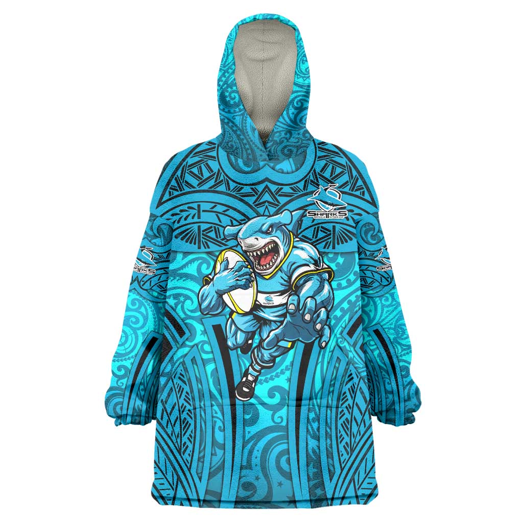 Cronulla Sutherland Sharks Rugby Wearable Blanket Hoodie Polynesian Tribal Shark Warrior Ocean Blue Pattern