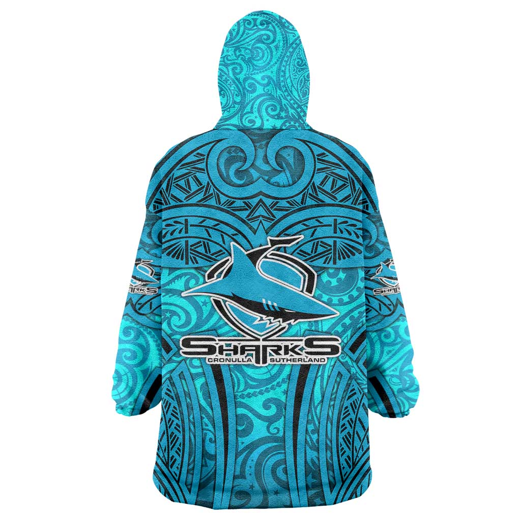 Cronulla Sutherland Sharks Rugby Wearable Blanket Hoodie Polynesian Tribal Shark Warrior Ocean Blue Pattern