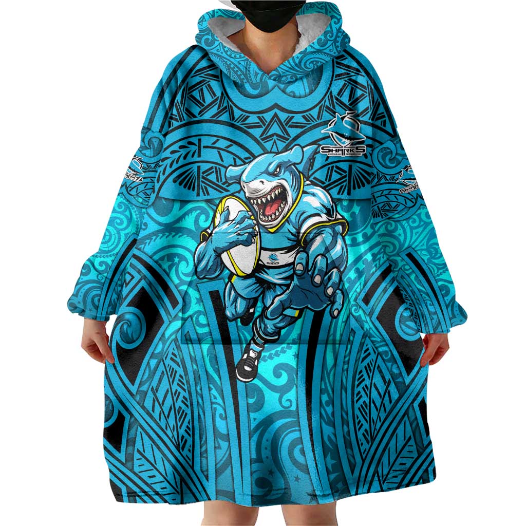Cronulla Sutherland Sharks Rugby Wearable Blanket Hoodie Polynesian Tribal Shark Warrior Ocean Blue Pattern
