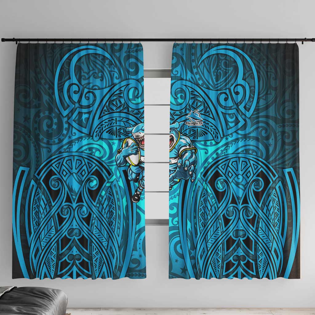 Cronulla Sutherland Sharks Rugby Window Curtain Polynesian Tribal Shark Warrior Ocean Blue Pattern