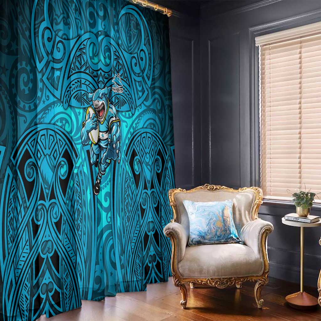 Cronulla Sutherland Sharks Rugby Window Curtain Polynesian Tribal Shark Warrior Ocean Blue Pattern