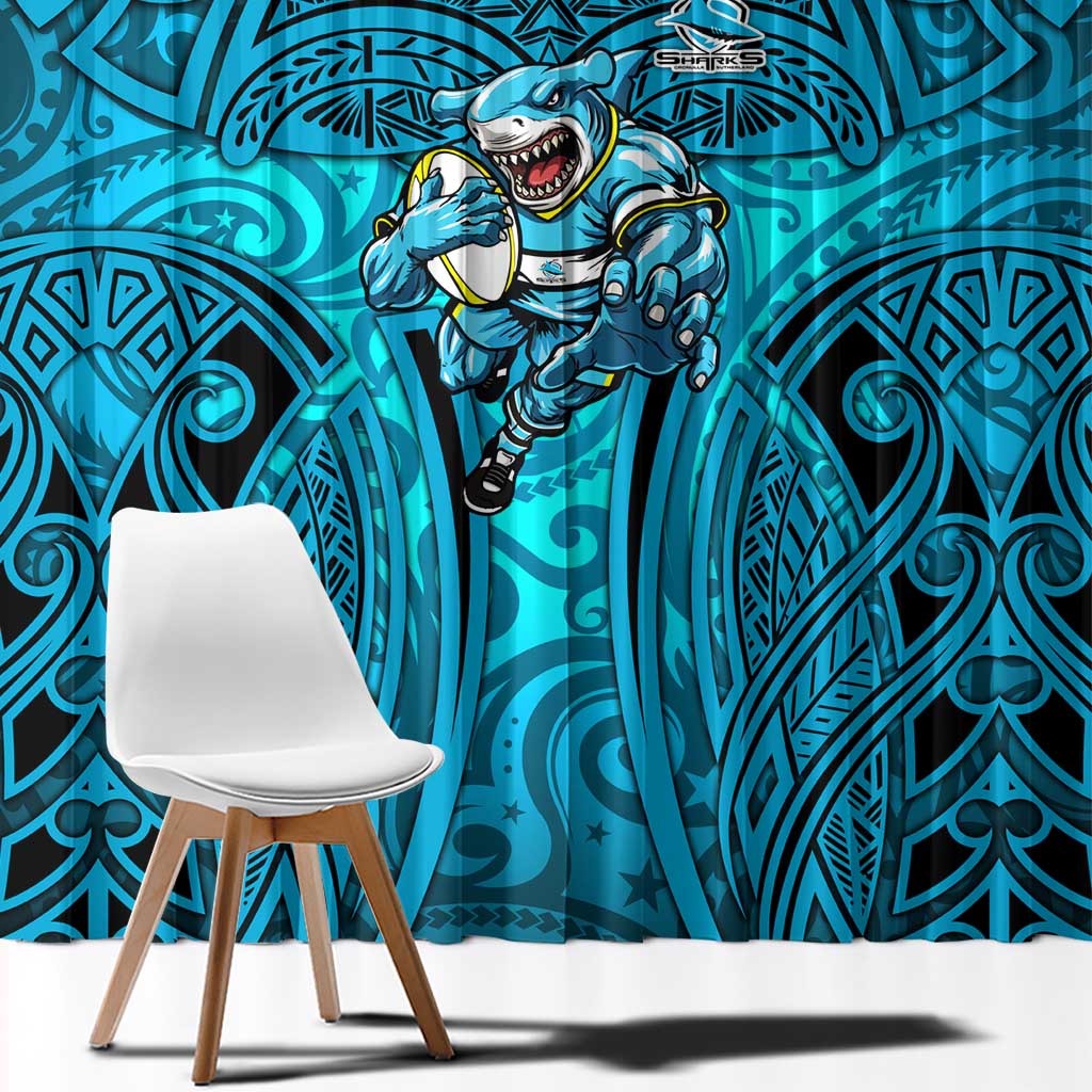 Cronulla Sutherland Sharks Rugby Window Curtain Polynesian Tribal Shark Warrior Ocean Blue Pattern
