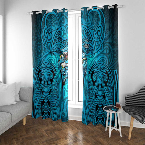 Cronulla Sutherland Sharks Rugby Window Curtain Polynesian Tribal Shark Warrior Ocean Blue Pattern