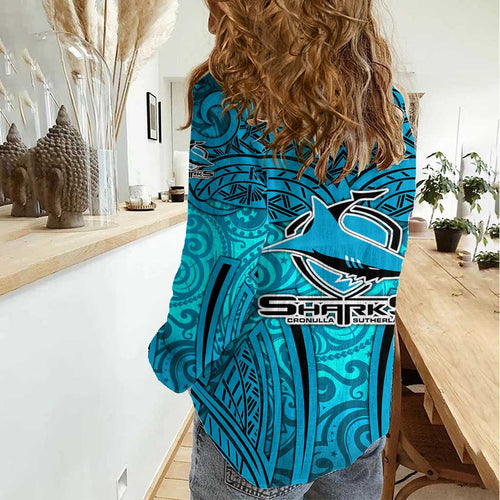 Cronulla Sutherland Sharks Rugby Women Casual Shirt Polynesian Tribal Shark Warrior Ocean Blue Pattern