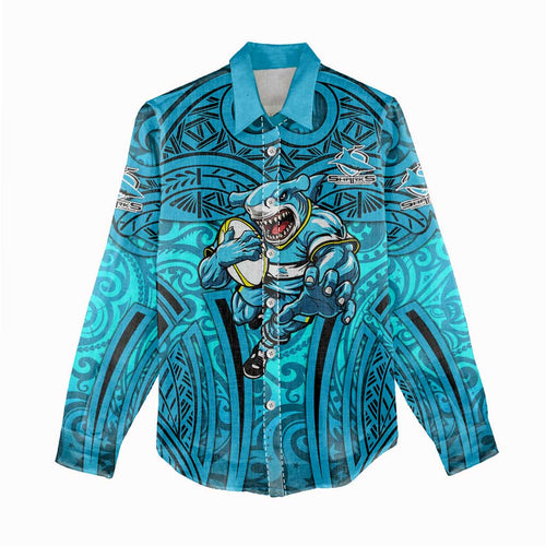 Cronulla Sutherland Sharks Rugby Women Casual Shirt Polynesian Tribal Shark Warrior Ocean Blue Pattern