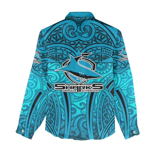 Cronulla Sutherland Sharks Rugby Women Casual Shirt Polynesian Tribal Shark Warrior Ocean Blue Pattern