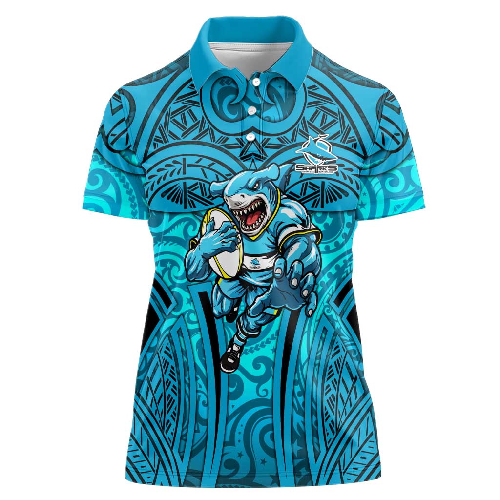 Cronulla Sutherland Sharks Rugby Women Polo Shirt Polynesian Tribal Shark Warrior Ocean Blue Pattern