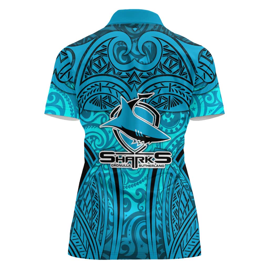 Cronulla Sutherland Sharks Rugby Women Polo Shirt Polynesian Tribal Shark Warrior Ocean Blue Pattern