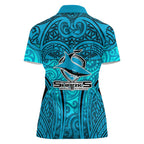 Cronulla Sutherland Sharks Rugby Women Polo Shirt Polynesian Tribal Shark Warrior Ocean Blue Pattern