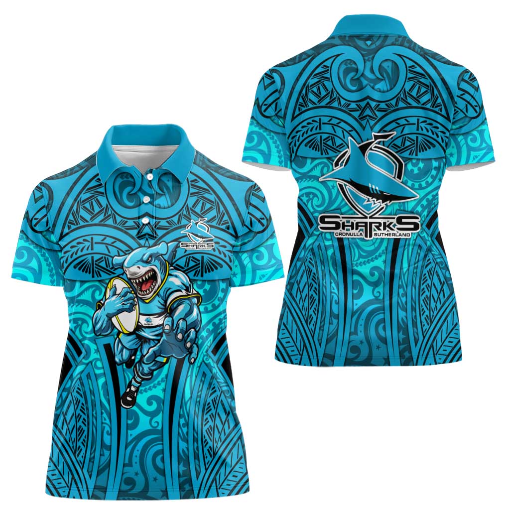 Cronulla Sutherland Sharks Rugby Women Polo Shirt Polynesian Tribal Shark Warrior Ocean Blue Pattern