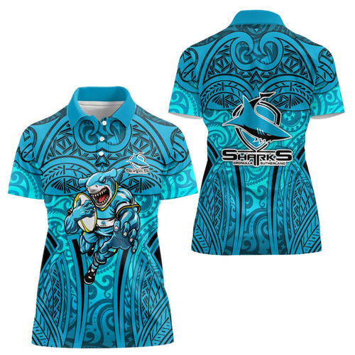 Cronulla Sutherland Sharks Rugby Women Polo Shirt Polynesian Tribal Shark Warrior Ocean Blue Pattern