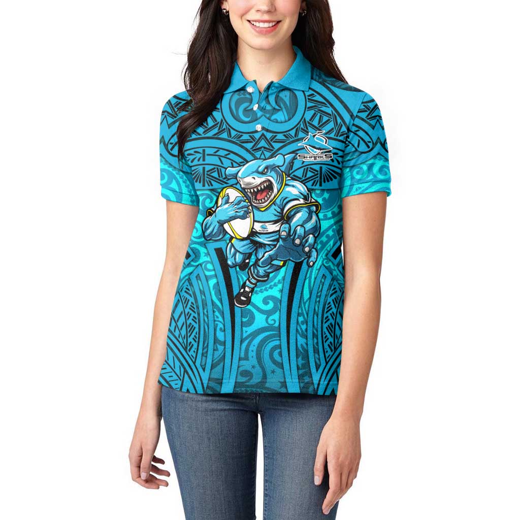 Cronulla Sutherland Sharks Rugby Women Polo Shirt Polynesian Tribal Shark Warrior Ocean Blue Pattern