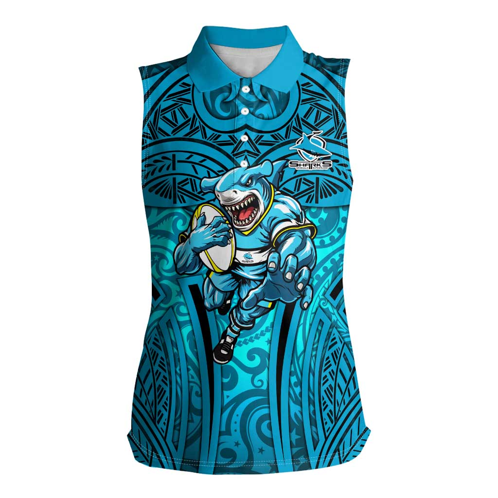 Cronulla Sutherland Sharks Rugby Women Sleeveless Polo Shirt Polynesian Tribal Shark Warrior Ocean Blue Pattern
