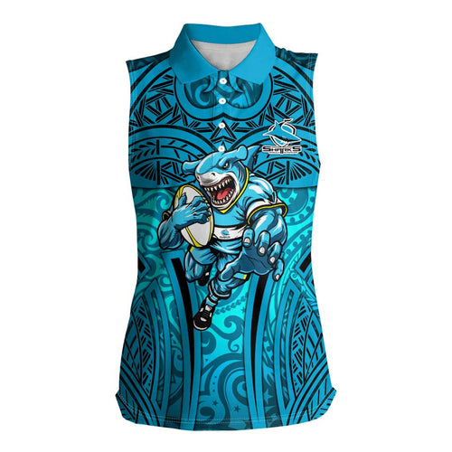 Cronulla Sutherland Sharks Rugby Women Sleeveless Polo Shirt Polynesian Tribal Shark Warrior Ocean Blue Pattern