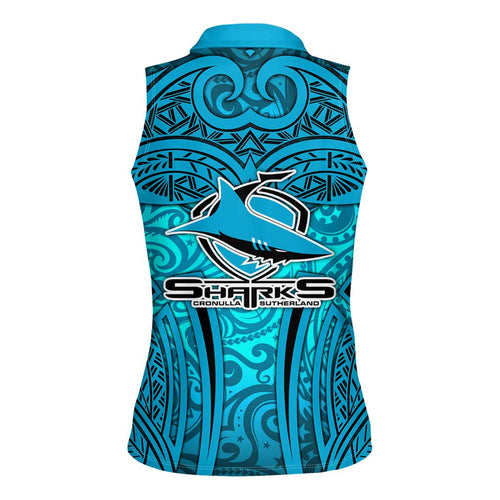 Cronulla Sutherland Sharks Rugby Women Sleeveless Polo Shirt Polynesian Tribal Shark Warrior Ocean Blue Pattern