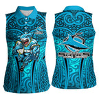 Cronulla Sutherland Sharks Rugby Women Sleeveless Polo Shirt Polynesian Tribal Shark Warrior Ocean Blue Pattern