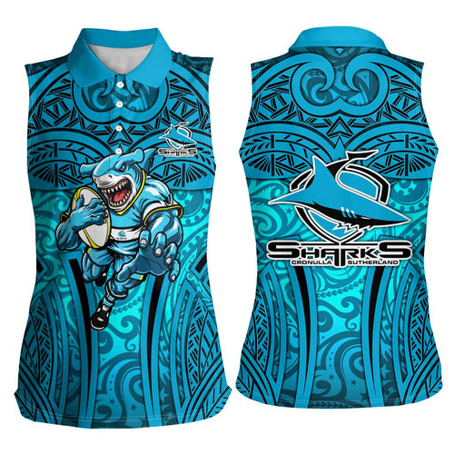 Cronulla Sutherland Sharks Rugby Women Sleeveless Polo Shirt Polynesian Tribal Shark Warrior Ocean Blue Pattern