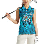 Cronulla Sutherland Sharks Rugby Women Sleeveless Polo Shirt Polynesian Tribal Shark Warrior Ocean Blue Pattern