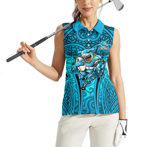 Cronulla Sutherland Sharks Rugby Women Sleeveless Polo Shirt Polynesian Tribal Shark Warrior Ocean Blue Pattern