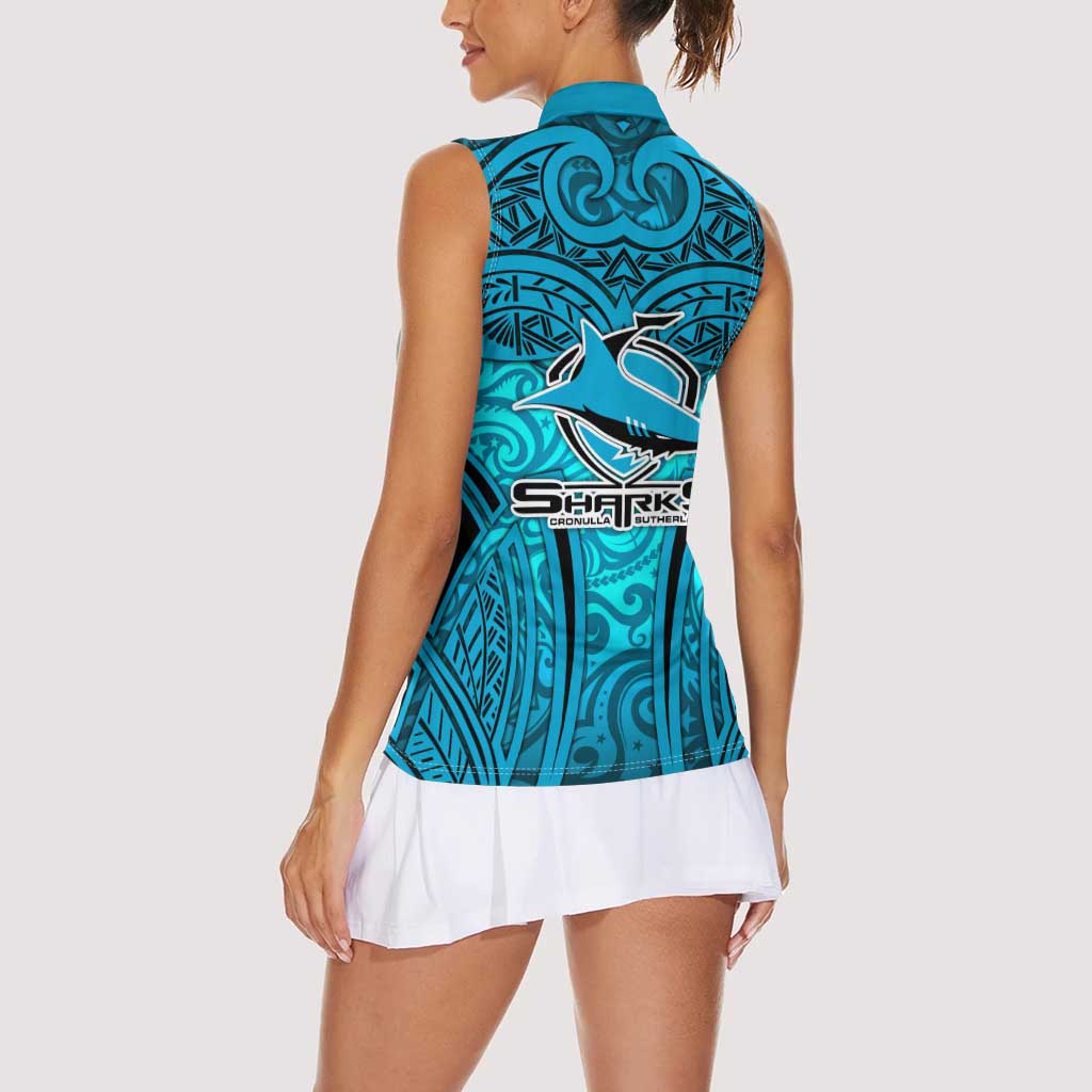 Cronulla Sutherland Sharks Rugby Women Sleeveless Polo Shirt Polynesian Tribal Shark Warrior Ocean Blue Pattern