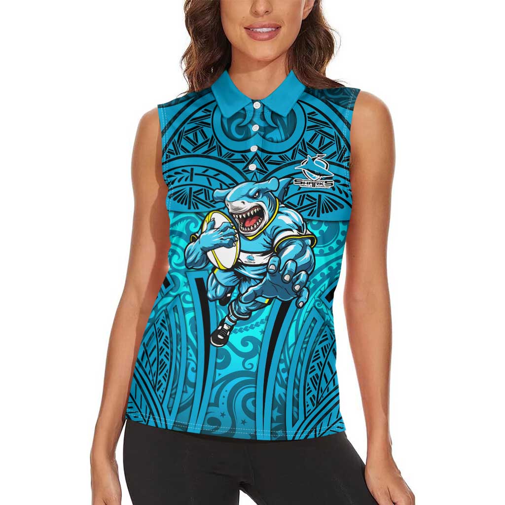 Cronulla Sutherland Sharks Rugby Women Sleeveless Polo Shirt Polynesian Tribal Shark Warrior Ocean Blue Pattern
