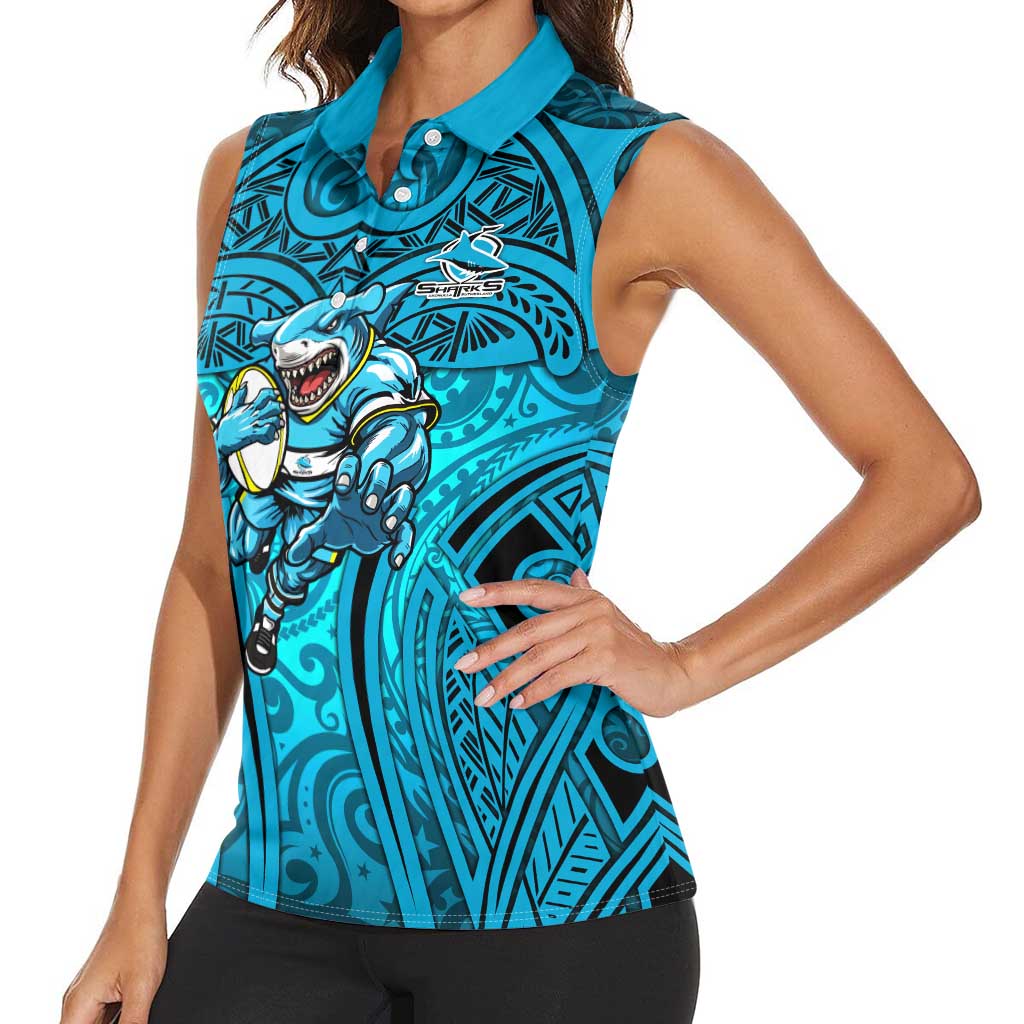 Cronulla Sutherland Sharks Rugby Women Sleeveless Polo Shirt Polynesian Tribal Shark Warrior Ocean Blue Pattern