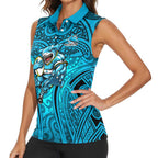 Cronulla Sutherland Sharks Rugby Women Sleeveless Polo Shirt Polynesian Tribal Shark Warrior Ocean Blue Pattern