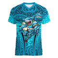 Cronulla Sutherland Sharks Rugby Women V-Neck T-Shirt Polynesian Tribal Shark Warrior Ocean Blue Pattern