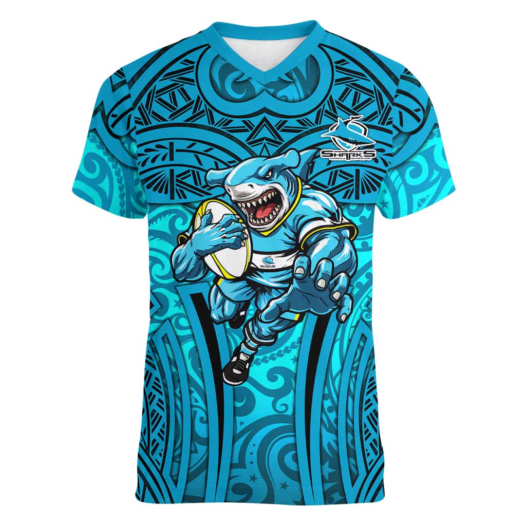 Cronulla Sutherland Sharks Rugby Women V-Neck T-Shirt Polynesian Tribal Shark Warrior Ocean Blue Pattern