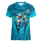 Cronulla Sutherland Sharks Rugby Women V-Neck T-Shirt Polynesian Tribal Shark Warrior Ocean Blue Pattern