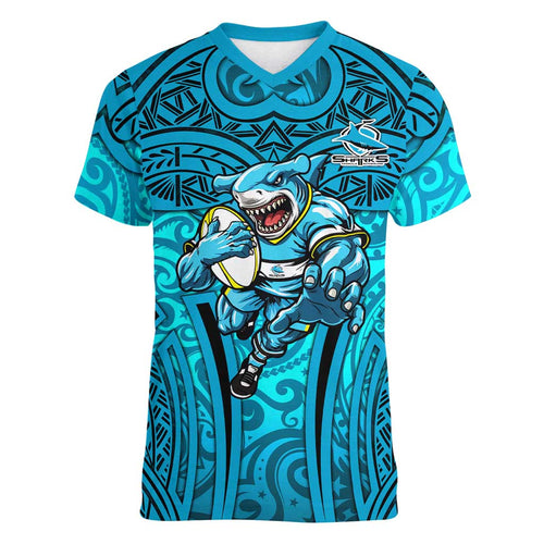 Cronulla Sutherland Sharks Rugby Women V-Neck T-Shirt Polynesian Tribal Shark Warrior Ocean Blue Pattern