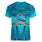 Cronulla Sutherland Sharks Rugby Women V-Neck T-Shirt Polynesian Tribal Shark Warrior Ocean Blue Pattern