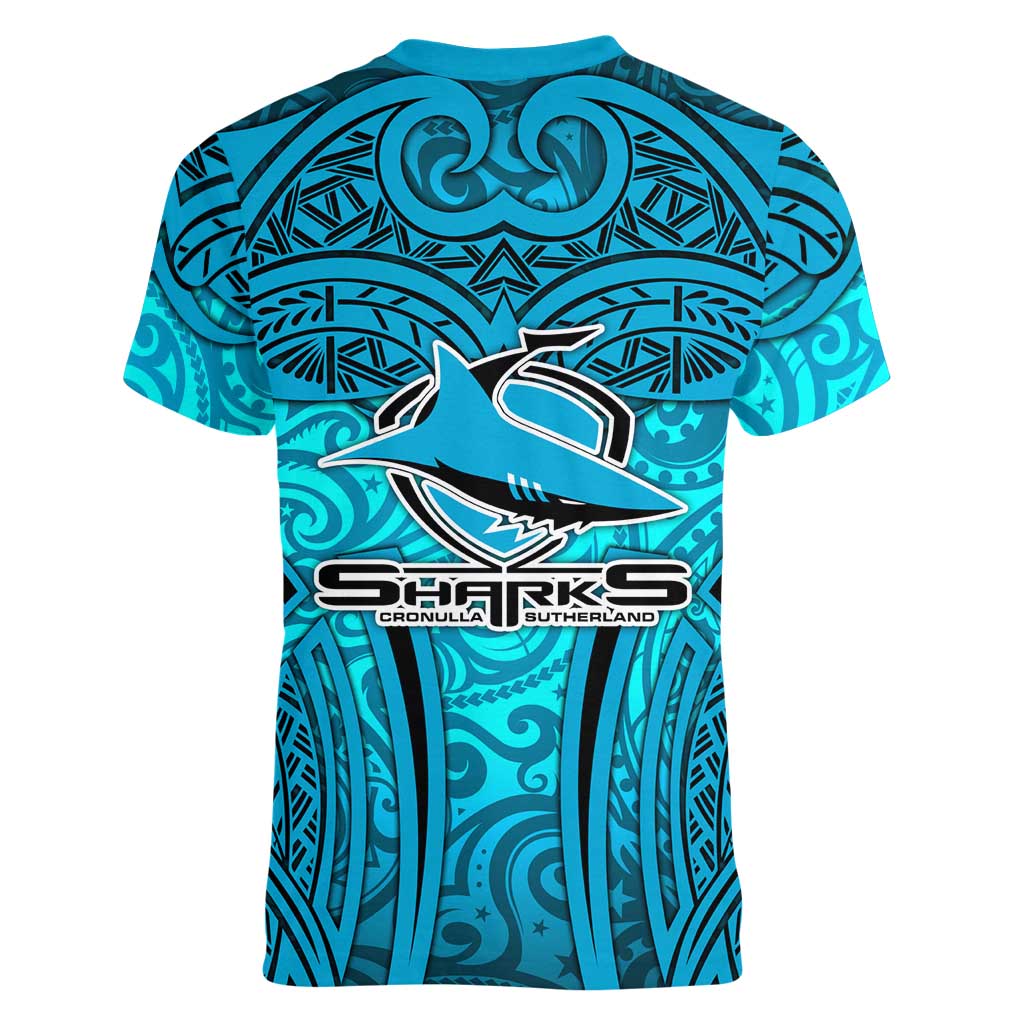 Cronulla Sutherland Sharks Rugby Women V-Neck T-Shirt Polynesian Tribal Shark Warrior Ocean Blue Pattern