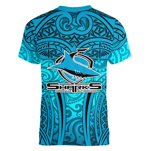 Cronulla Sutherland Sharks Rugby Women V-Neck T-Shirt Polynesian Tribal Shark Warrior Ocean Blue Pattern