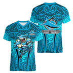 Cronulla Sutherland Sharks Rugby Women V-Neck T-Shirt Polynesian Tribal Shark Warrior Ocean Blue Pattern