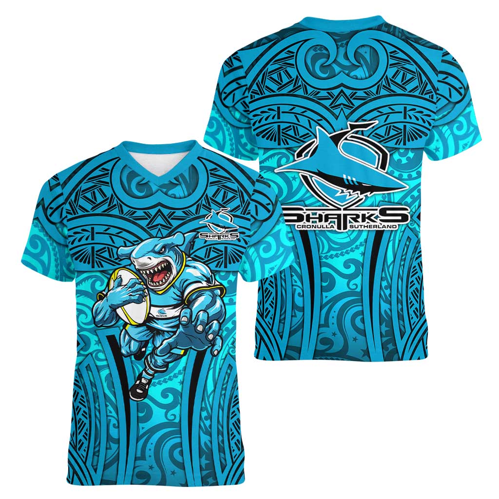 Cronulla Sutherland Sharks Rugby Women V-Neck T-Shirt Polynesian Tribal Shark Warrior Ocean Blue Pattern