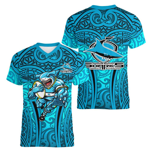 Cronulla Sutherland Sharks Rugby Women V-Neck T-Shirt Polynesian Tribal Shark Warrior Ocean Blue Pattern