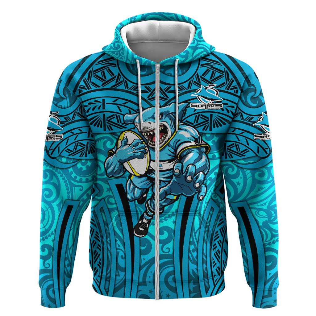 Cronulla Sutherland Sharks Rugby Zip Hoodie Polynesian Tribal Shark Warrior Ocean Blue Pattern