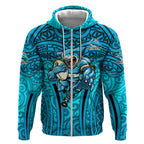 Cronulla Sutherland Sharks Rugby Zip Hoodie Polynesian Tribal Shark Warrior Ocean Blue Pattern