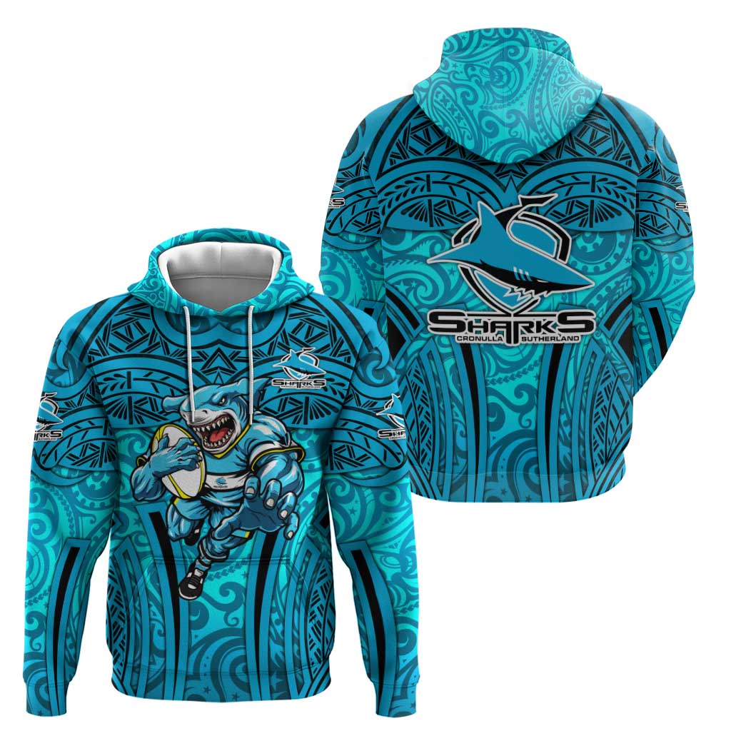 Cronulla Sutherland Sharks Rugby Zip Hoodie Polynesian Tribal Shark Warrior Ocean Blue Pattern