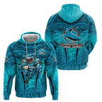 Cronulla Sutherland Sharks Rugby Zip Hoodie Polynesian Tribal Shark Warrior Ocean Blue Pattern