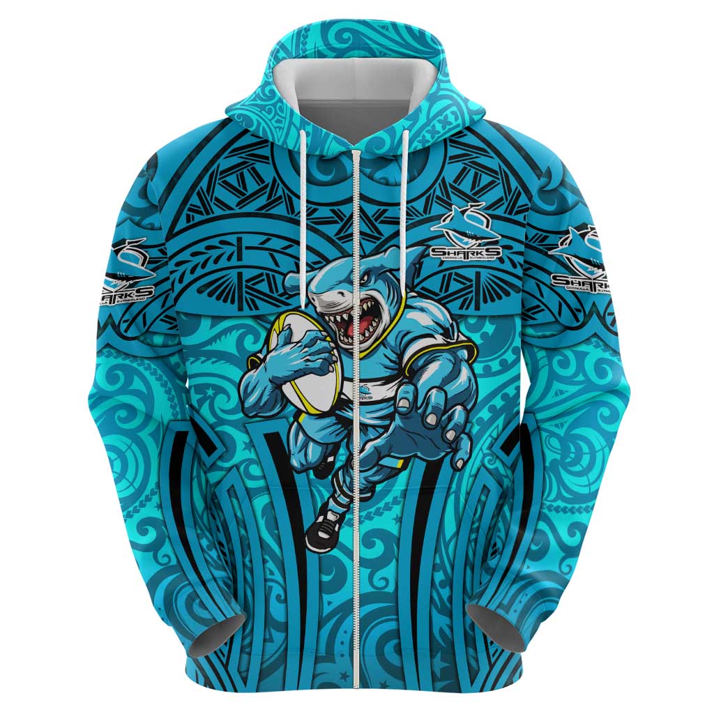 Cronulla Sutherland Sharks Rugby Zip Hoodie Polynesian Tribal Shark Warrior Ocean Blue Pattern