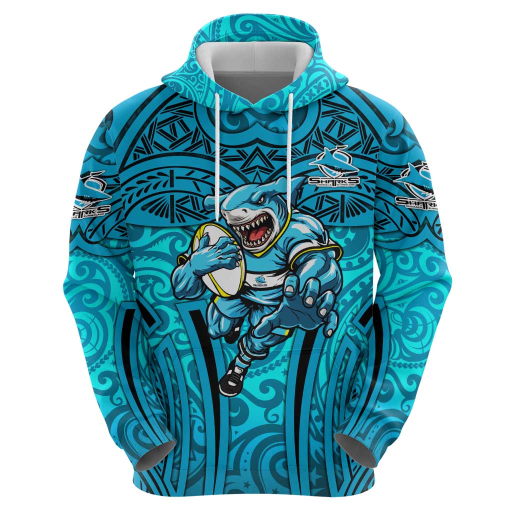 Cronulla Sutherland Sharks Rugby Zip Hoodie Polynesian Tribal Shark Warrior Ocean Blue Pattern
