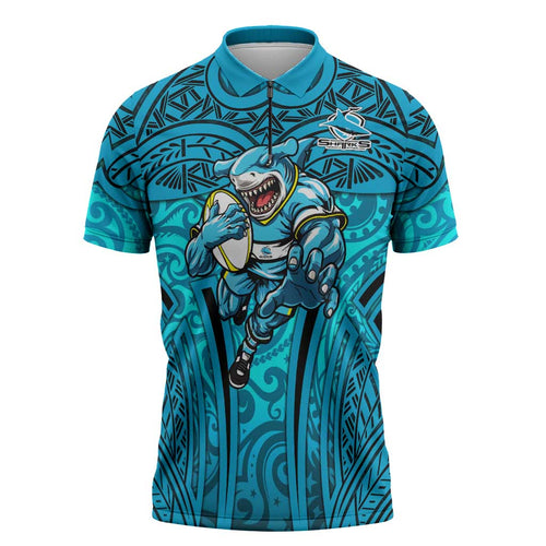 Cronulla Sutherland Sharks Rugby Zipper Polo Shirt Polynesian Tribal Shark Warrior Ocean Blue Pattern