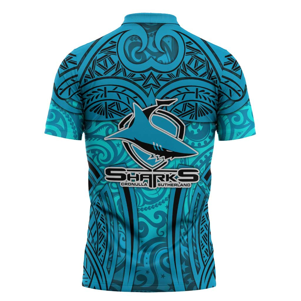 Cronulla Sutherland Sharks Rugby Zipper Polo Shirt Polynesian Tribal Shark Warrior Ocean Blue Pattern