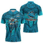 Cronulla Sutherland Sharks Rugby Zipper Polo Shirt Polynesian Tribal Shark Warrior Ocean Blue Pattern