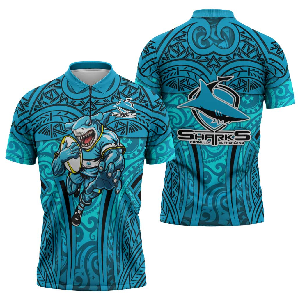Cronulla Sutherland Sharks Rugby Zipper Polo Shirt Polynesian Tribal Shark Warrior Ocean Blue Pattern