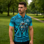 Cronulla Sutherland Sharks Rugby Zipper Polo Shirt Polynesian Tribal Shark Warrior Ocean Blue Pattern